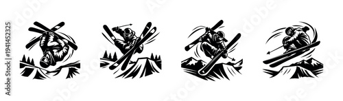 Winter skiing silhouette vector set with skiers performing stunts on mountains