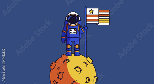 Astronaut planting flag on moon surface in space exploration.