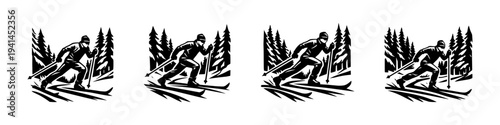 Black and white vector silhouette of skiing figure in mountain forest