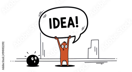 Cartoon character holding up a speech bubble with the word IDEA.