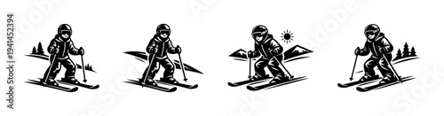 Silhouette skier illustration set featuring mountain and tree background elements