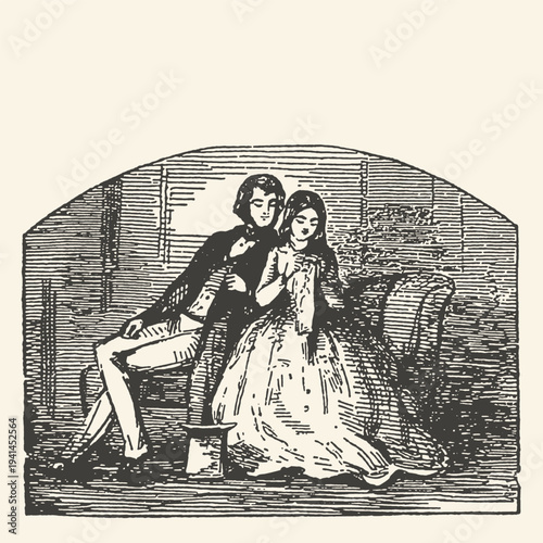 Victorian couple sitting romantic vintage illustration love story historical fashion black white