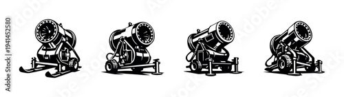 Monochrome vector illustration of snow machines in various styles and angles