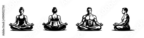 Silhouette vector illustration of yoga poses featuring meditative figures in black and white