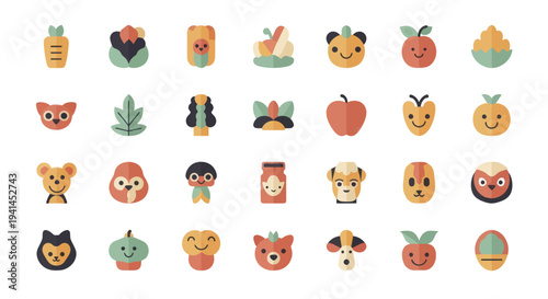 Collection of Cute Cartoon Animal and Object Icons.