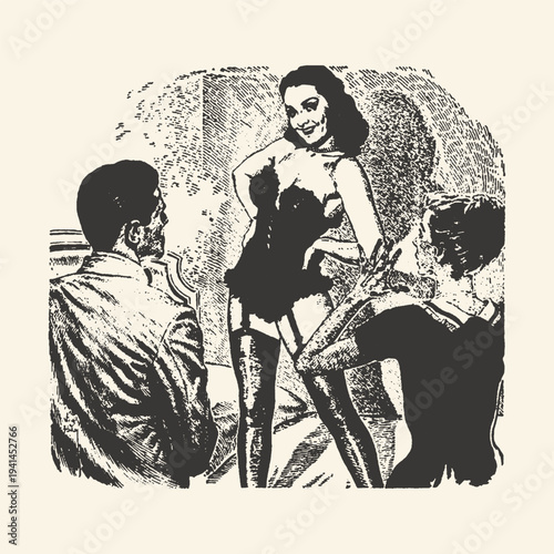 Vintage woman in corset holding cigarette with men in desert ruins sketch illustration
