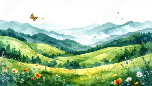 Watercolor landscape of rolling green hills, mountains, and wildflowers