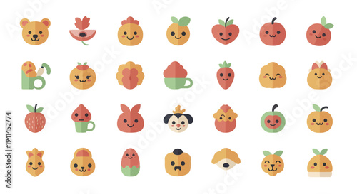 Collection of cute cartoon fruits and vegetables with faces.