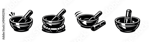 Vector illustration of mortar and pestle set in black and white silhouette style