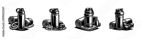 Black and white silhouette of yoga equipment with water bottles and mats