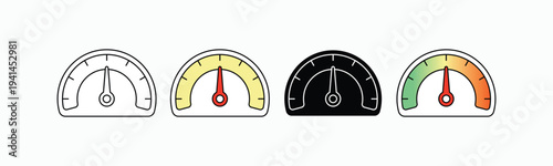 Set of outlined speedometer gauge icons in various styles. Performance indicator vector for dashboard, speed measurement, and progress tracking in a modern flat design