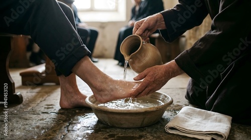 Maundy Thursday ritual washing feet ceremony in a serene, indoor setting