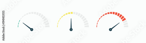 Minimal speedometer gauge collection showing low, medium, and high performance levels with color coded meter scale vector illustration