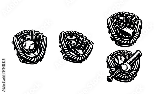 Black and white vector illustration of baseball gloves and bat with balls