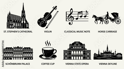 Vienna Culture Vector Illustration – Cathedrals, Palaces, Music, Coffee, Opera, and Skyline Symbols in Black Silhouette for Educational, Tourism, and Graphic Design Projects
