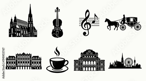 Vienna Culture Vector Illustration – Cathedrals, Palaces, Music, Coffee, Opera, and Skyline Symbols in Black Silhouette for Educational, Tourism, and Graphic Design Projects