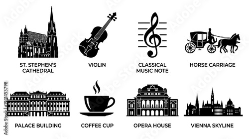 Vienna Culture Vector Illustration – Cathedrals, Palaces, Music, Coffee, Opera, and Skyline Symbols in Black Silhouette for Educational, Tourism, and Graphic Design Projects