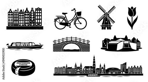 Netherlands Culture Vector Illustration – Windmills, Tulips, Canal Houses, Cheese, and Dutch Landmarks in Black Silhouette for Educational, Tourism, and Graphic Design Projects