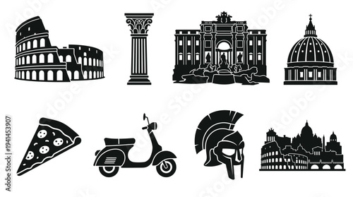Italy Culture Vector Illustration – Colosseum, Trevi Fountain, St. Peter’s Basilica, Pizza, Vespa, and Roman Symbols in Black Silhouette for Educational and Graphic Design Projects