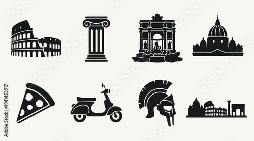 Italy Culture Vector Illustration – Colosseum, Trevi Fountain, St. Peter’s Basilica, Pizza, Vespa, and Roman Symbols in Black Silhouette for Educational and Graphic Design Projects