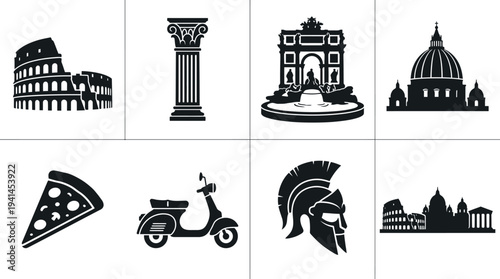 Italy Culture Vector Illustration – Colosseum, Trevi Fountain, St. Peter’s Basilica, Pizza, Vespa, and Roman Symbols in Black Silhouette for Educational and Graphic Design Projects