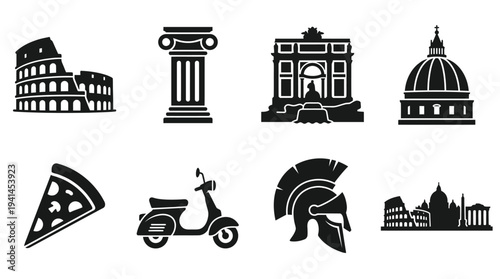 Italy Culture Vector Illustration – Colosseum, Trevi Fountain, St. Peter’s Basilica, Pizza, Vespa, and Roman Symbols in Black Silhouette for Educational and Graphic Design Projects