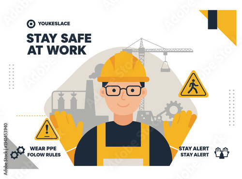 Workplace Safety Poster with Construction Worker Wearing PPE