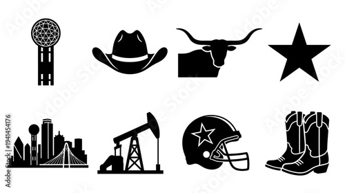 Texas Culture Vector Illustration – Landmarks, Cowboy Heritage, Oil Industry, Sports, and Western Symbols in Black Silhouette for Educational, Decorative, and Graphic Design Projects