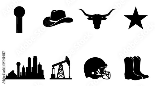 Texas Culture Vector Illustration – Landmarks, Cowboy Heritage, Oil Industry, Sports, and Western Symbols in Black Silhouette for Educational, Decorative, and Graphic Design Projects