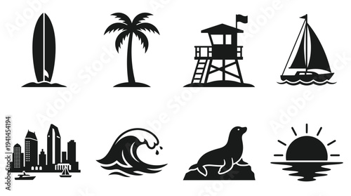 Coastal Life Vector Illustration – Surfing, Palm Trees, Marine Animals, Waves, and City Skyline Silhouettes in Black for Educational, Decorative, and Graphic Design Projects