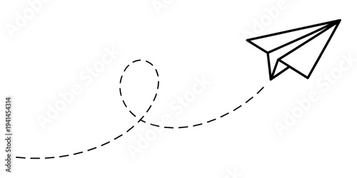 Black paper airplane with dashed line trail on white background flight path