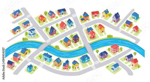 Colorful Cartoon Neighborhood with Houses, River, and Roads - Aerial View