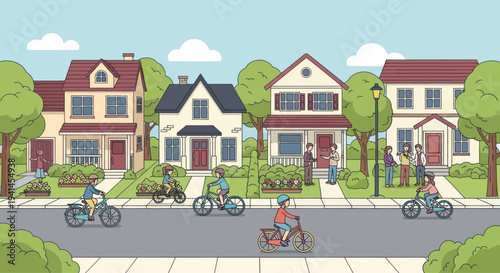 Suburban street scene with diverse people cycling and interacting outside homes