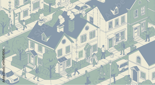 Suburban neighborhood isometric view with people walking, cars, and houses.