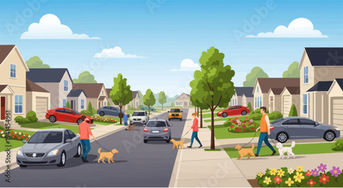Suburban street scene with people walking dogs and cars