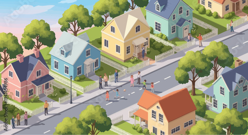Suburban neighborhood with colorful houses, families walking on street, sunny day, isometric view