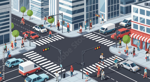 Busy City Intersection with Pedestrians and Cars, Isometric View