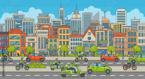 Pixel Cityscape with Cars and Scooters, Urban Traffic Scene, Flat Design