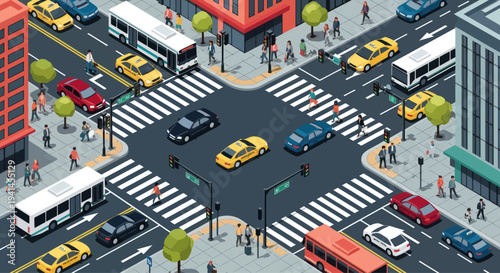 Busy City Intersection with Traffic, Pedestrians, and Vehicles - Isometric View