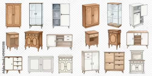Collection of various vintage wooden and white furniture pieces including cabinets, dressers, and side tables, watercolor illustration set.