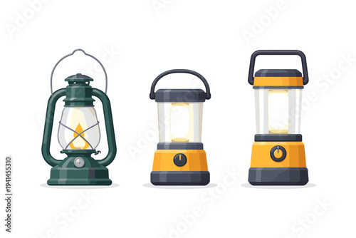 Collection of three different types of lanterns, including a classic kerosene lantern and modern LED camping lanterns