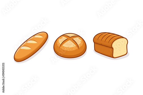 Assortment of freshly baked bread loaves including baguette, round loaf, and sandwich bread
