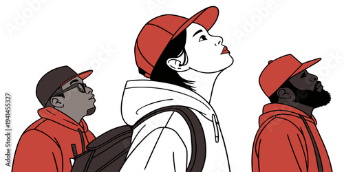 Seeking Aspirations: Three individuals, adorned in complementary red attire, gaze upward, their expressions mirroring a shared aspiration for a brighter future.