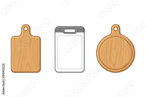 Three different cutting boards, including wood and plastic, displayed on a white background