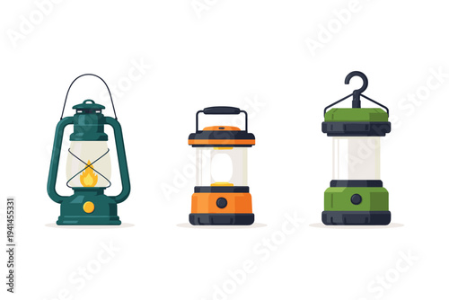 Collection of three different camping lanterns, including a vintage kerosene lamp