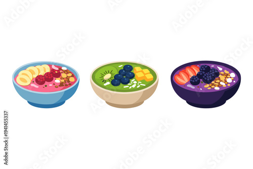 Three colorful smoothie bowls topped with fresh fruits and granola, presented in isometric view