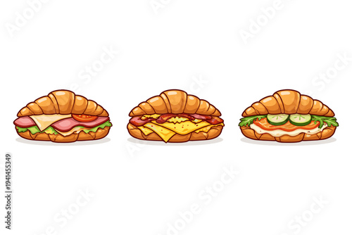 Three delicious croissant sandwiches with various fillings, presented on a white background