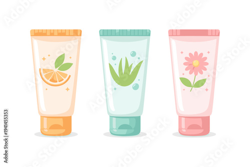 Three cosmetic tubes with natural ingredients like orange, aloe vera, and flowers