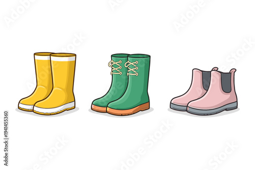Collection of colorful rubber boots for different weather conditions and styles