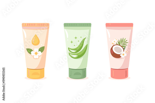Three tubes of cosmetic cream with natural ingredients like aloe vera, coconut, and flower extract